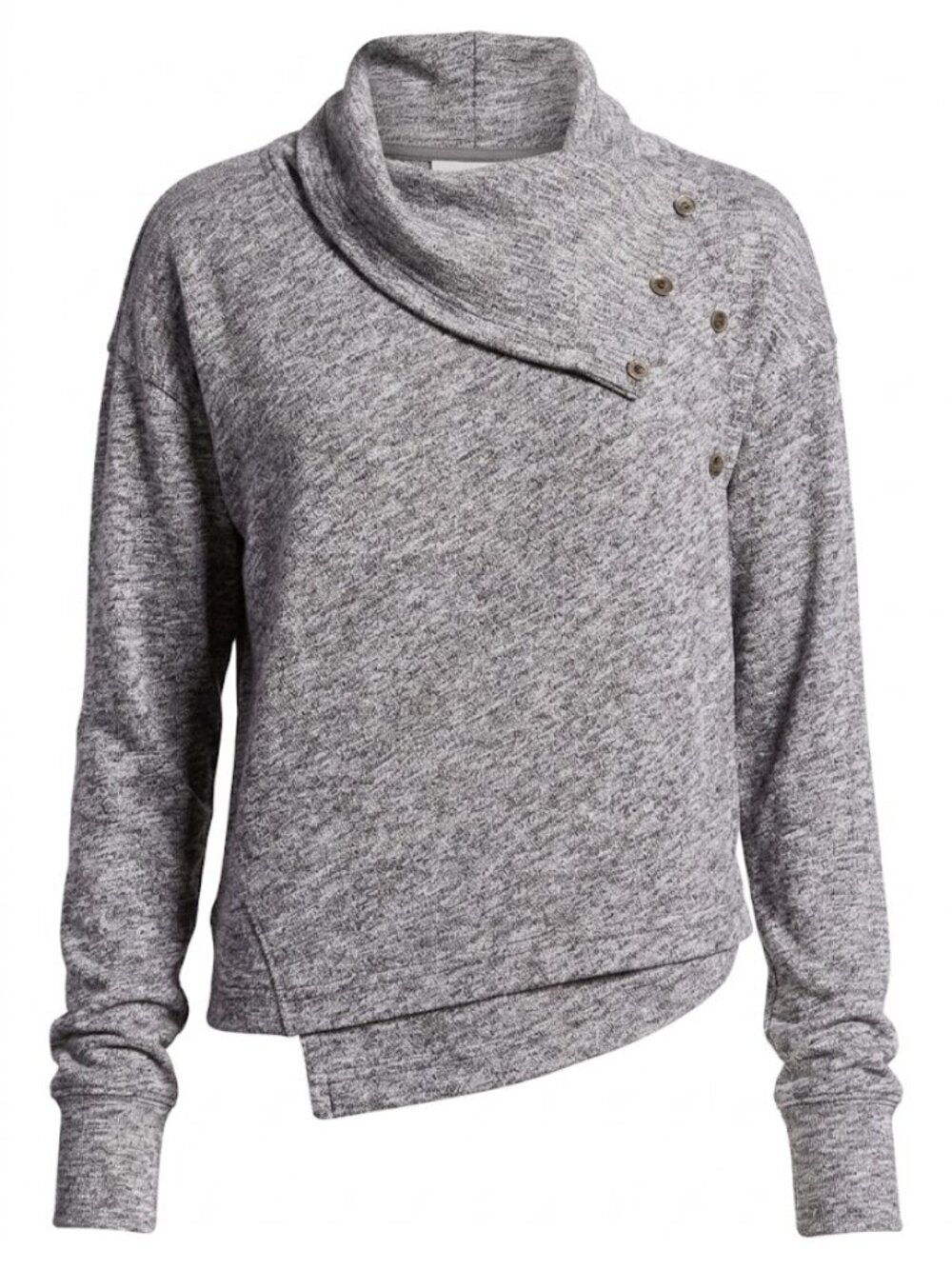 Asymmetrical Funnel Neck Sweater Heather Gray Wrap Button Pullover Knit Small